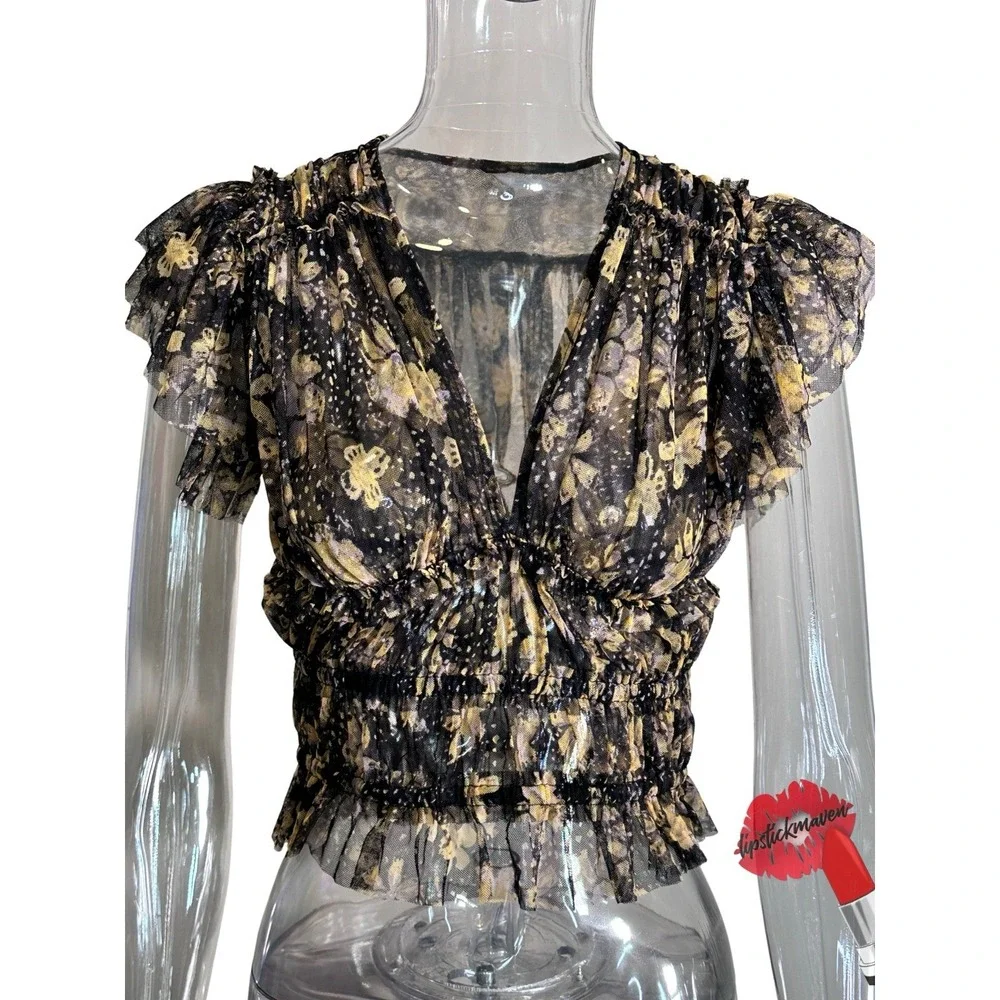Free People Making Me Smile Top Small Black Floral Pleated‎ Mesh Cropped V Neck